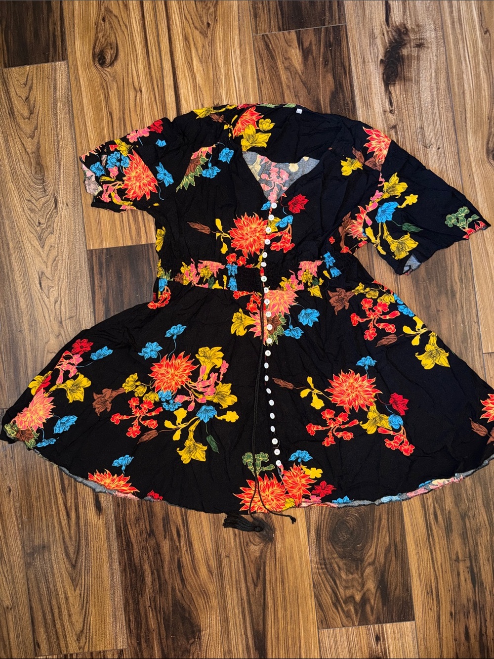 Black Floral Button-Front Kids Dress with Bright Multi-Color Blooms
